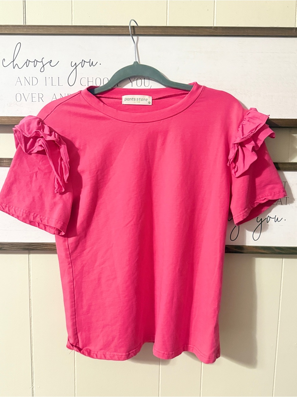 Pants Store Ruffle Sleeve Short Sleeve Tee in Hot Pink